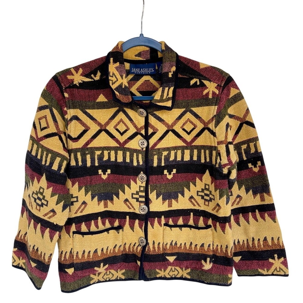 Jane Ashley Women's Tapestry Aztec Geometric Cardigan Jacket 100% Cotton Size M